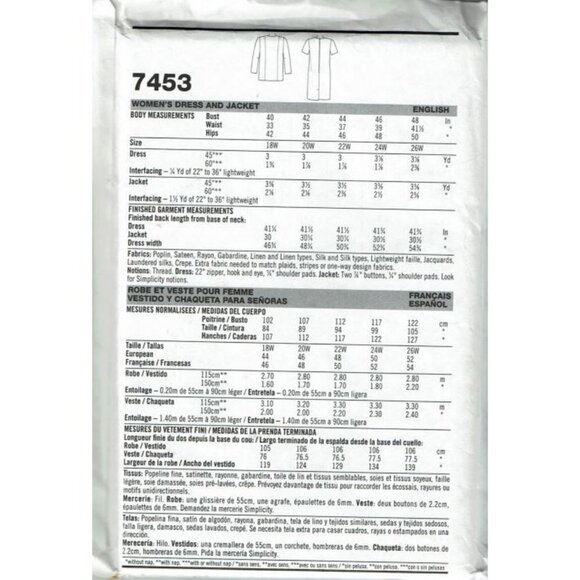 Simplicity Sewing Pattern 7453 Dress Jacket Misses Size 18W-26W - Picture 2 of 2